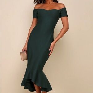 Lulu's Elegant Forest Green Off-Shoulder Midi Dress